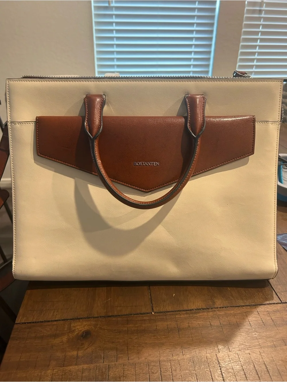 Cream and Brown Leather Briefcase Tote